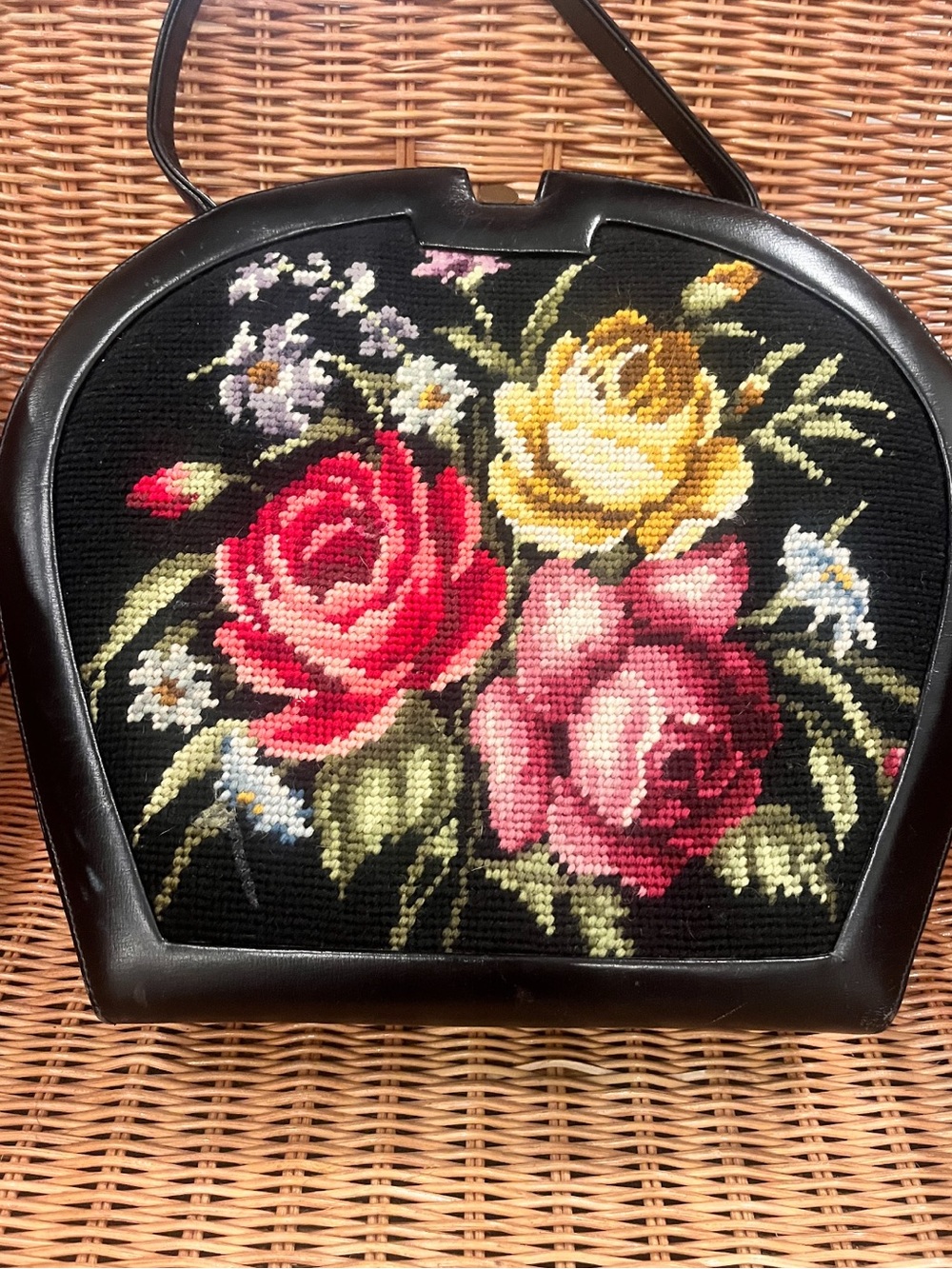 Vintage "Original by Caprice" Floral Needlepoint & Black Leather Handbag